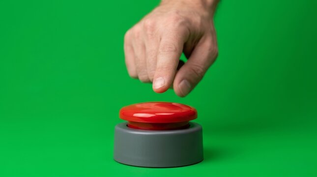 A hand presses a large red button on a green background, symbolizing action.