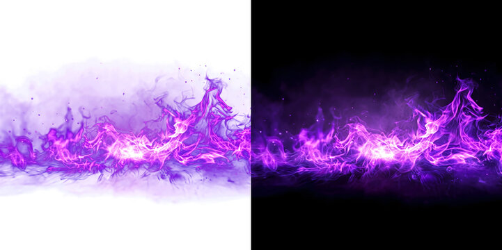 Purple fire flames with mystical smoke overlay for fantasy visual effects PNG, Transparent and Black Background Versions
