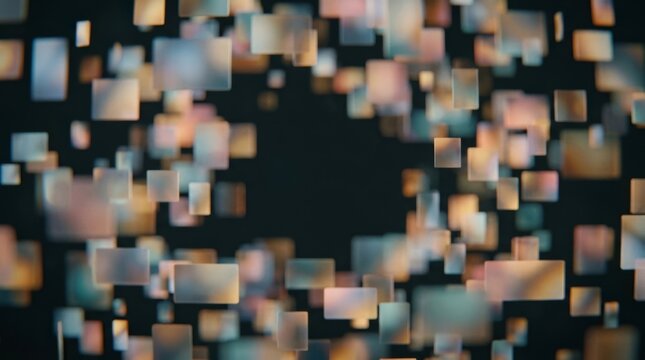 Blurred multicolored rectangles float in a dark digital space, creating a dynamic and futuristic feel.