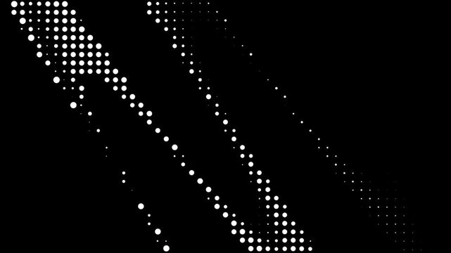 Abstract diagonal halftone lines animation, seamless monochrome circle pattern, white dot stripes on black background, futuristic digital motion, geometric technology texture, looping graphic video