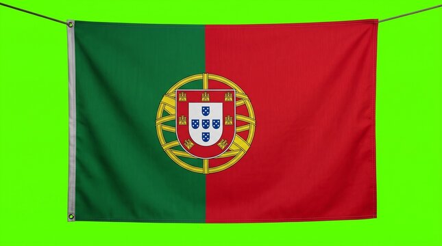 Hanging Portugal flag against a bright neon green background for chroma key