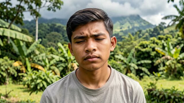 A man deep in thought amidst a beautiful tropical setting.