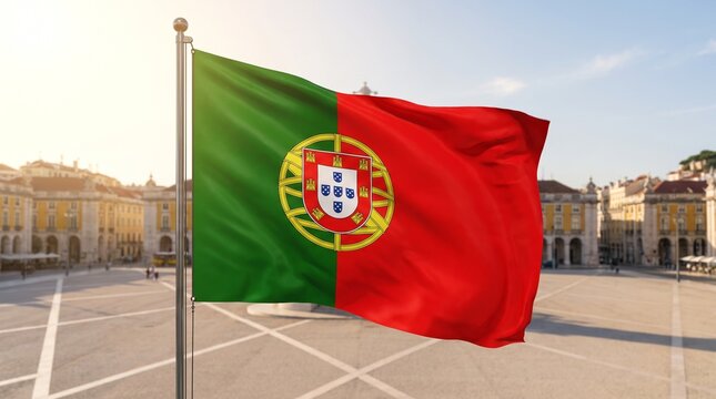 Waving Portugal flag in a sunny city square with a bright golden atmosphere