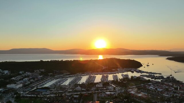 Sunset Over Sığacık, Teos Marina and Fishing Village, İzmir, Turkey &ndash; Cinematic Drone Aerial View | 4K
