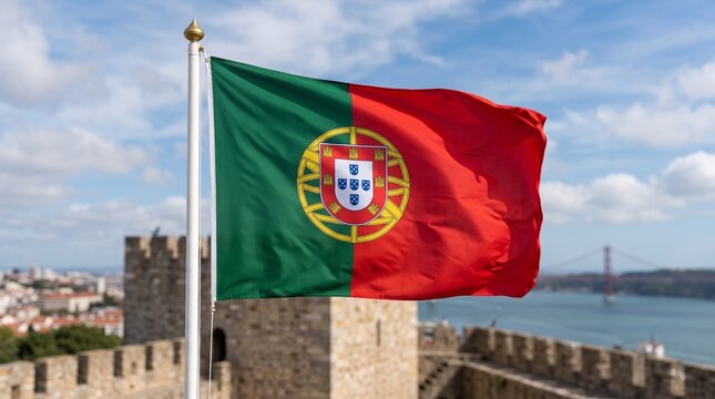Waving Portugal flag with coat of arms flying over a historic stone castle