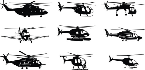 Helicopter silhouettes set including military cargo chopper rescue helicopter and agricultural crop duster © MdAsikul