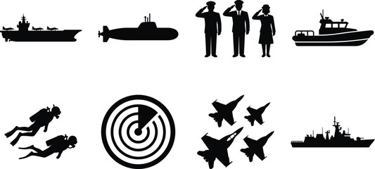 Navy and maritime forces silhouettes set including aircraft carrier submarine radar pilots and divers © MdAsikul