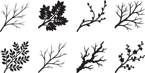 Obraz premium Set of diverse tree branch silhouettes with and without leaves isolated on a white background