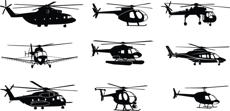 Helicopter silhouettes set including military cargo chopper rescue helicopter and agricultural crop duster