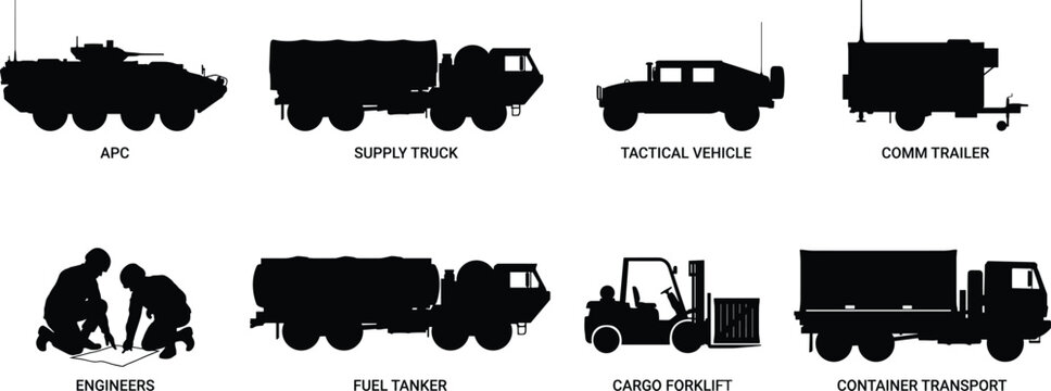 Military vehicles and logistics silhouettes set including APC supply truck tactical vehicle and cargo forklift