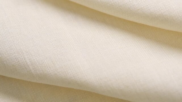 Natural cotton with linen fabric folds, white homespun vintage fabric, natural eco folded linen background. Bio textile material backdrop, canvas top view, close up, rotating. 