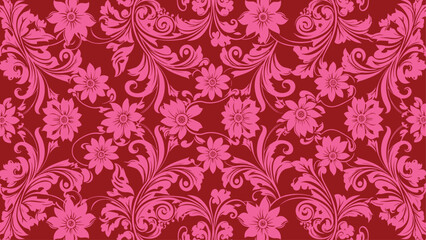Red damask floral pattern background with pink ornamental flowers and scrolling vines. Flat vector illustration EPS. © Dijee Art