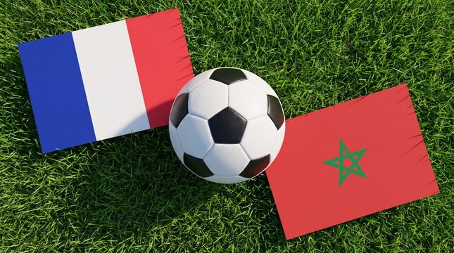 France vs Morocco Football Match Concept with National Flags and Soccer Ball on Grass, 10 July 2026