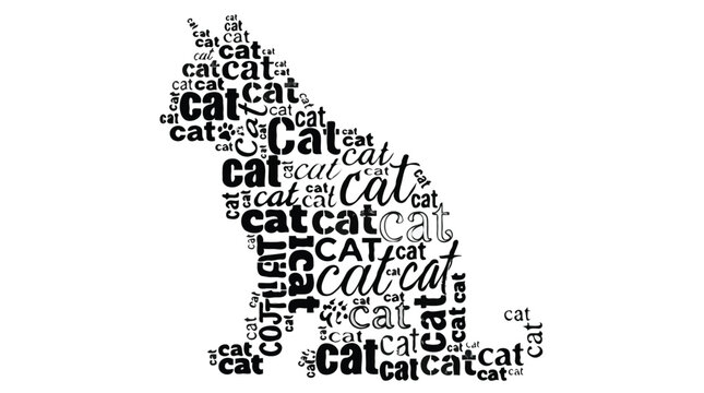 Typography word cloud art cat silhouette with repeating text isolated on white background