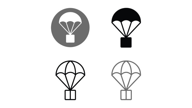 Minimalist parachute delivery icons in four distinct graphic styles &mdash; circular background, solid silhouette, black outline, and gray outline &mdash; symbolizing logistics, airdrop, and supply transport. 
