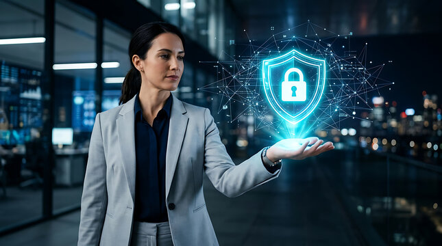 Professional Woman Demonstrates Advanced Cybersecurity Shield Protecting Digital Information and Network Systems in a Modern Office Environment