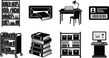 Library Services and Book Education Black Silhouette Icon Set Featuring Bookshelves Trolleys Study Desks and Database Terminals © SHEMA