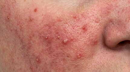 Fototapeta premium Close up view of irritated skin with acne and pimples on face of young adult.