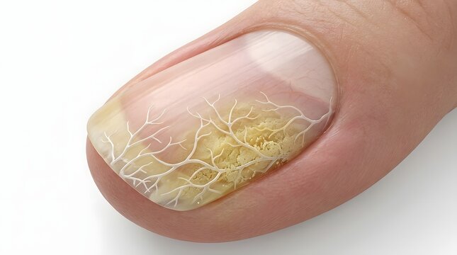 Fungal infection under human nail with network of visible hyphae branches causing damage.