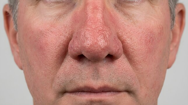 Close up of man showing symptoms of rhinophyma and facial rosacea with enlarged skin pores.
