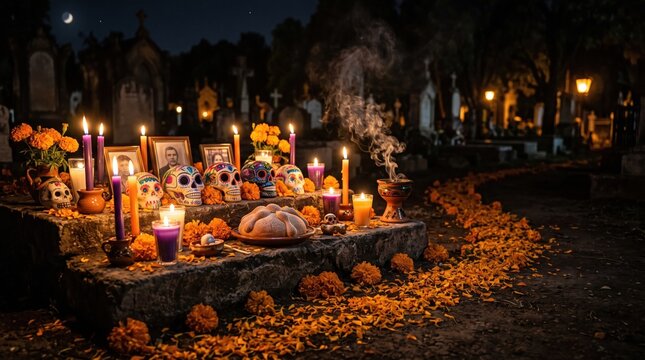 Colorful traditional altar with decorated sugar skulls, orange marigold flowers, purple and white candles with incense smoke on stone grave surrounded by fallen petals in night cemetery.