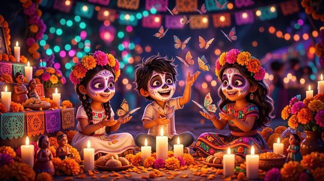 Colorful 3D cartoon illustration of four children with sugar skull face paint in traditional festive costumes holding candles at vibrant night street celebration with marigolds and paper banners.