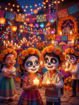 Colorful 3D cartoon illustration of four children with sugar skull face paint in traditional festive costumes holding candles at vibrant night street celebration with marigolds and paper banners.