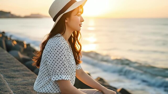 夕暮れの海岸で麦わら帽子を被り海を眺める爽やかな女性