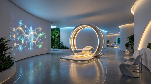 Sleek futuristic medical clinic interior with glowing circular MRI scanner bed and illuminated human body hologram projection on wall surrounded by lush plants and ambient blue lighting.