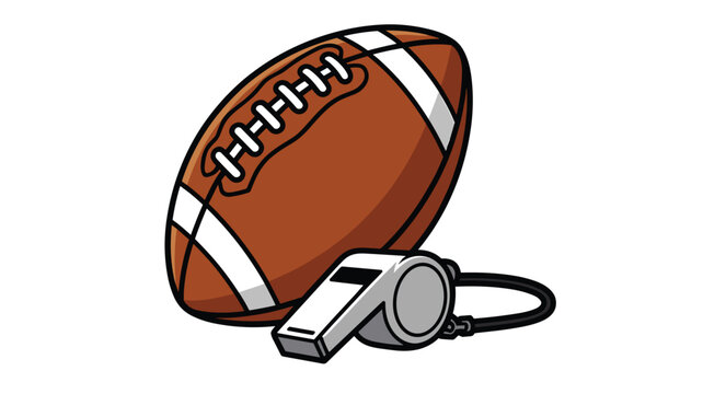 Professional American football ball paired with a metallic referee whistle used for signaling during sports games and matches on the field.