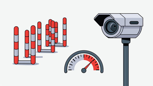 Modern security surveillance camera paired with a speed gauge meter monitors traffic flow and vehicle velocity on busy metropolitan roads.
