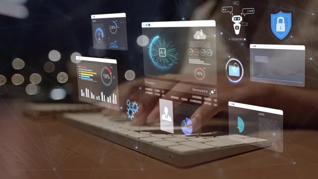 woman analyst uses a computer AI artificial intelligence and dashboard for data business analysis and Data Management System with KPI and metrics connected to the database for technology finance,