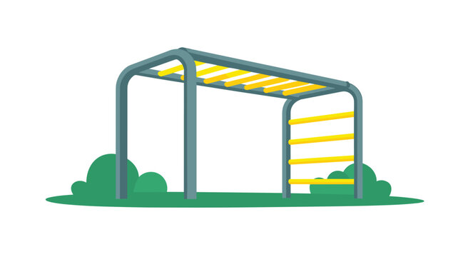 Metal monkey bar playground climber for children set on green grass with bushes isolated on a white background.