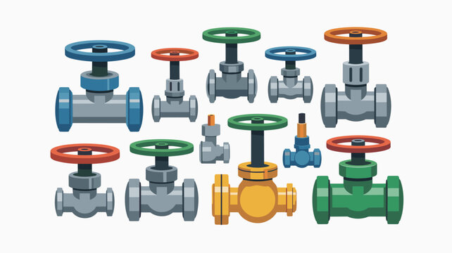 Diverse collection of colorful industrial valves designed for controlling fluid flow in heavy piping systems and water infrastructure networks.