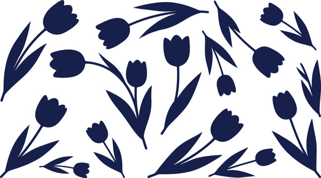 Dark blue tulip silhouettes on white background, tulips flowers