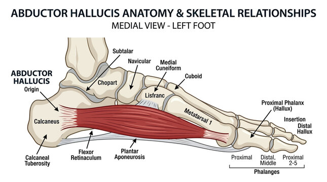 Abductor Hallucis Muscle Anatomy, Medial View of Human Foot Skeleton