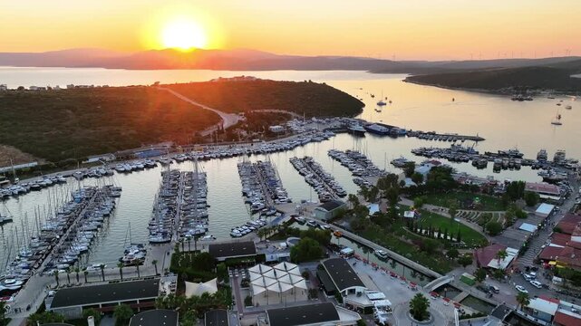 Sunset Over Sığacık, Teos Marina and Fishing Village, İzmir, Turkey &ndash; Cinematic Drone Aerial View | 4K