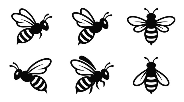 Six black and white flat vector bee icons displayed in various flying and resting poses