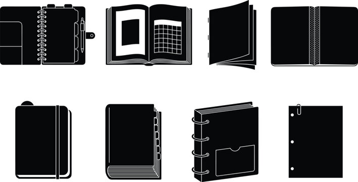 Notebook and personal planner black silhouette icon set featuring open books daily agendas binders and office stationery