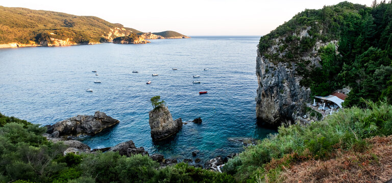 Paleokastritsa beach, Corfu, Greece. A view of Paleokastritsa beach on Corfu, Greece, one of the Island's most popular resorts.