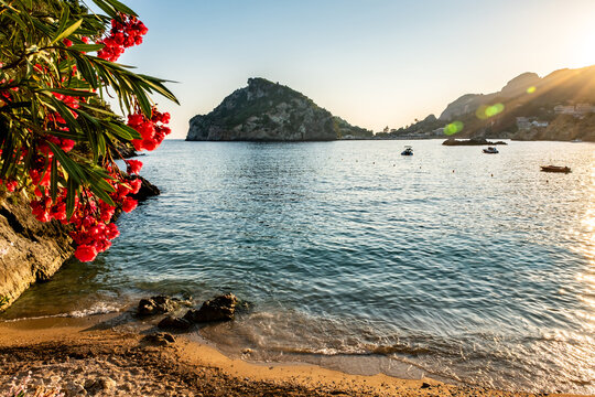 Paleokastritsa beach, Corfu, Greece. A view of Paleokastritsa beach on Corfu, Greece, one of the Island's most popular resorts.