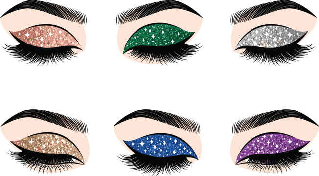Glitter Eyeshadow and Closed Female Eyes Vector Set with Shimmering Makeup Lashes and Eyebrows for Beauty Salon Cosmetics Graphic Designs