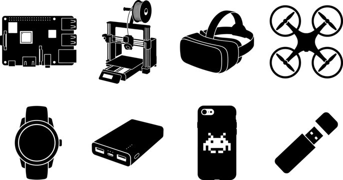 Modern Gaming and Computer Hardware Black Silhouette Icon Set
