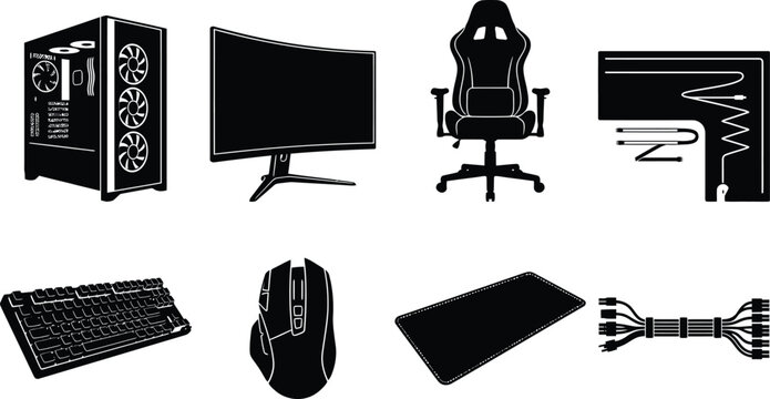 Modern Computer Gaming Accessories Black Silhouette Icon Set Collection