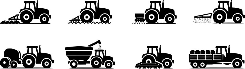 Agricultural Tractor Machinery Icons Black Silhouette Farming Vector Set © MdJahid