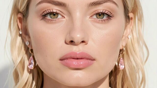 A close-up of a young woman with light makeup including pink eyeshadow, nude lip color, and clear skin. She is wearing earrings and has blonde hair styled down. Her expression is neutral.