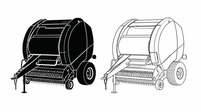 Round Baler Agricultural Machine Icon Set, Black and White Vector