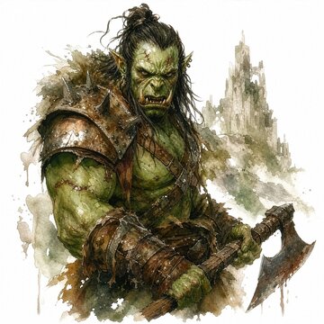 Watercolor orc warrior with battle axe near ancient ruins, concept of dark fantasy barbarian