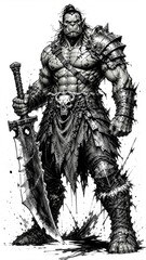 Fototapeta premium Muscular orc warrior with sword and skull belt, ink illustration, concept of dark fantasy barbarian