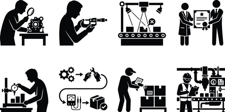 Quality control icons set showing manufacturing product inspection factory automation technical evaluation workflows